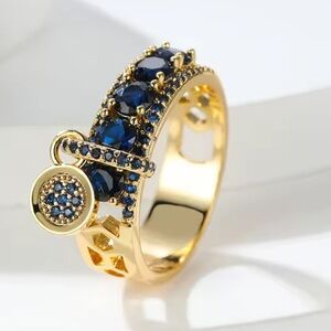 New! Anthropologie 18 k Gold color diamond and Blue Gemstone Ring